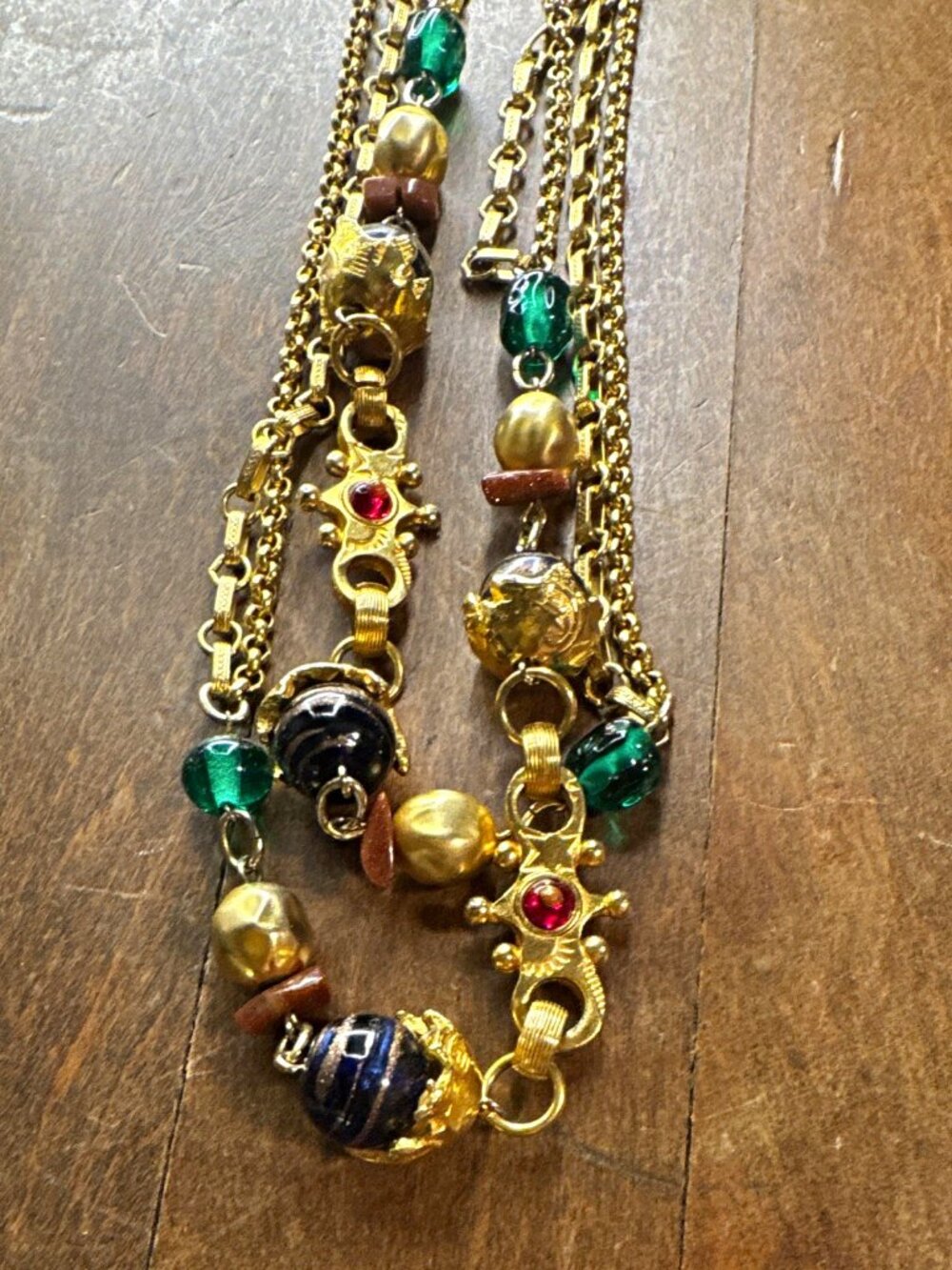 Vintage 32" Etruscan Revival Double Strand-Murano Glass beads & Red Cabachons